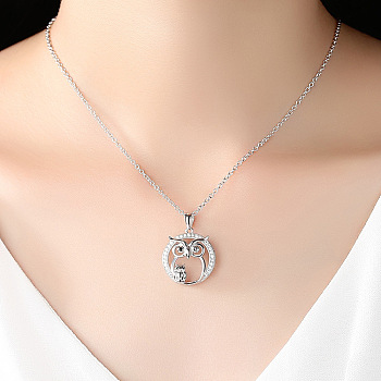 Mother's Day Mom and Baby Owl Brass Micro Pave Clear Cubic Zirconia Pendant Necklaces for Women, Platinum, 17.72 inch(45cm)