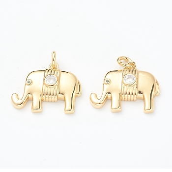 Brass Micro Pave Clear Cubic Zirconia Pendants, Long-Lasting Plated, with Jump Ring, Elephant, Golden, 15.5x19x4mm, Hole: 2mm