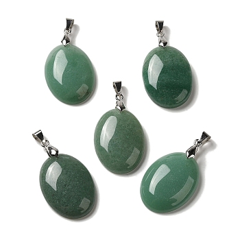 Natural Green Aventurine Pendants, Oval Charms with Rack Plating Platinum Plated Brass Snap on Bails, 30x21.5~22x6~6.5mm, Hole: 6x4mm