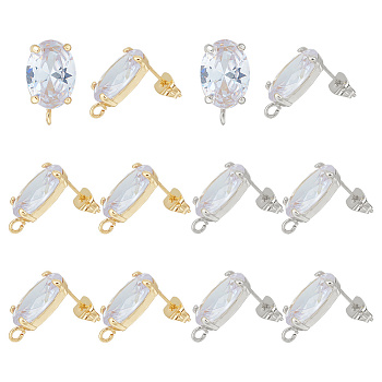 6 Pairs 2 Color Brass Micro Pave Clear Cubic Zirconia Stud Earring Findings, with Vertical Loops and Ear Nuts, Oval, Platinum & Golden, 17x10x6.8mm, Hole: 1.6mm, Pin: 0.9mm, 3 Pair/color