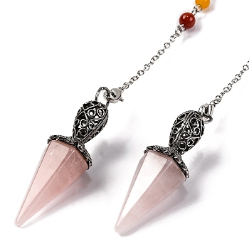 Natural Rose Quartz Pointed Hexagonal Cone Dowsing Pendulums, with Rack Plating Antique Silver Tone Alloy Findings and 7 Chakra Gemstone Round Beads, Cadmium Free & Lead Free, 213mm