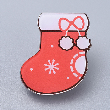 Acrylic Safety Brooches, with Iron Pin, For Christmas, Christmas Stocking, Red, 37x32x8mm, Pin:0.8mm