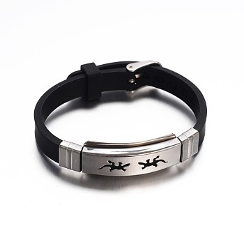 Jewelry Black Color Rubber Cord Bracelets, with 304 Stainless Steel Findings and Watch Band Clasps, Rectangle with Gecko, Stainless Steel Color, 210x10mm