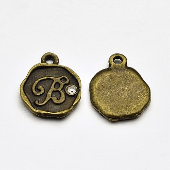 Antique Bronze Plated Alloy Rhinestone Charms, Flat Round with Letter.B, Nickel Free, 13x10x1.5mm, Hole: 1mm