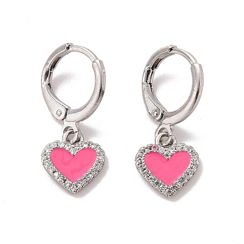 Clear Cubic Zirconia Heart Dangle Leverback Earrings with Pink Enamel, Rack Plating Brass Jewelry for Women, Cadmium Free & Lead Free, Platinum, 22.5mm, Pin: 0.8mm