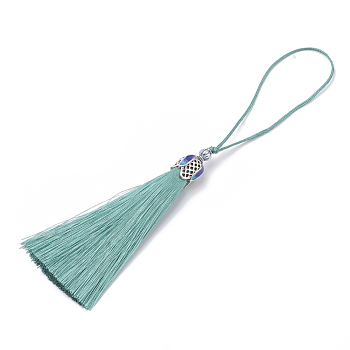 Nylon Tassel Big Pendant Decorations, with Enamel and Alloy Findings, Platinum, Turquoise, 80~84x10.5~11mm