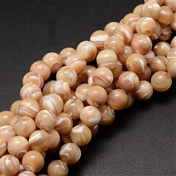Natural Sea Shell Beads Strands, Round, Light Salmon, 8mm, Hole: 0.8mm, about 51pcs/strand, 15.75 inch