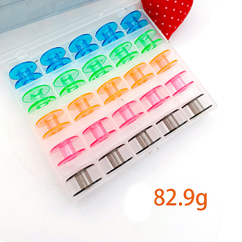 Transparent Plastic Bobbins, Sewing Thread Holders, for Sewing Tools, with Storage Box, Mixed Color, 20x10mm, Hole: 6mm, 25pcs/set