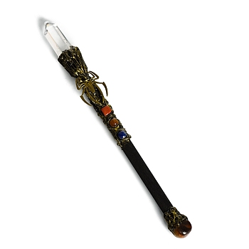 Natural Quartz Crystal & Tiger Eye Magic Wand, Cosplay Magic Wand, with Wood Wand, for Witches and Wizards, Spider, 290mm