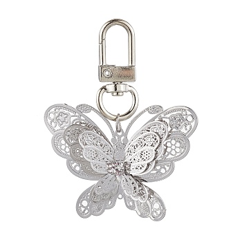 Brass Pendant Decorations, with Alloy Swivel Clasps, Platinum, Butterfly, 65mm