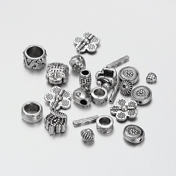 Perles en alliage de style tibétain, formes mixtes, argent antique, 6~14.5x6~14x3.5~10mm, Trou: 1~7mm