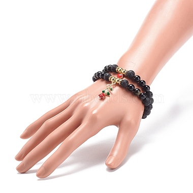 2Pcs 2 Style Style Natural Lava Rock & Golden Sheen Obsidian & Synthetic Hematite Stretch Bracelets Set(BJEW-JB08734)-3