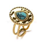 Ion Plating(IP) Oval with Teardrop 304 Stainless Steel Open Cuff Rings, Synthetic Turquoise Finger Rings for Women Men, Real 18K Gold Plated, US Size 6(16.5mm)(STAS-Z060-14G-02)