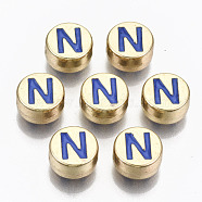 Alloy Enamel Beads, Cadmium Free & Lead Free, Flat Round with Initial Letters, Light Gold, Royal Blue, Letter.N, 8x4mm, Hole: 1.5mm(ENAM-S122-029N-RS)