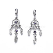 Rack Plating Alloy European Dangle Charms, with Tanzanite Rhinestone, Large Hole Beads, Cadmium Free & Lead Free, Woven Net/Web with Feather, Platinum, 43mm, Hole: 4.5mm, Feather: 11x3.5x1.5mm(MPDL-N039-214P)
