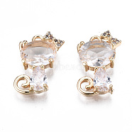 Brass Micro Pave Clear Cubic Zirconia Charms, Long-Lasting Plated, Cadmium Free & Lead Free, Cat, Light Gold, 14x10x4mm, Hole: 1.2mm(KK-S359-137-RS)