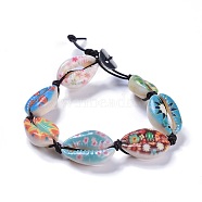Printed Cowrie Shell Bead Bracelets, with Cowhide Leather Cord and 304 Stainless Steel Buttons, Colorful, 8-1/4 inch(21cm)(BJEW-JB04276)