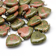Heart Natural Unakite Pendants, with Platinum Tone Brass Findings, 20~22x20~21x5~8mm, Hole: 2x7mm(G-Q438-07)
