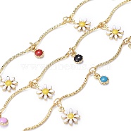 Handmade Brass Curved Bar Link Chains, with Daisy Enamel Charms and Spool, Soldered, Long-Lasting Plated, Real 18K Gold Plated, 18x1.8x1mm, about 32.8 Feet(10m)/roll(CHC-I035-12G)