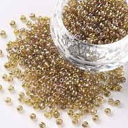 12/0 Round Glass Seed Beads, Transparent Colours Rainbow, Round Hole, Goldenrod, 12/0, 2mm, Hole: 1mm, about 3333pcs/50g, 50g/bag, 18bags/2pounds(SEED-US0003-2mm-162B)