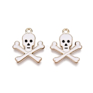 Halloween Theme Alloy Enamel Pendants, Cadmium Free & Lead Free, Light Gold, Skull Charm, White, 21x17.5x1.5mm, Hole: 1.8mm(X-PALLOY-N176-39A-RS)