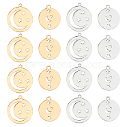 DICOSMETIC 16Pcs 4 Style 201 Stainless Steel Pendants, Laser Cut Pendants, Flat Round with Moon & Star, Golden & Stainless Steel Color, 15.5~18x13.5~16x1~1.5mm, hole: 1.2~1.4mm, 4pcs/style(STAS-DC0006-14)