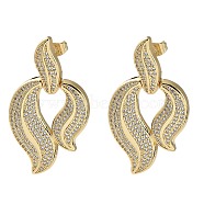 Rack Plating Brass Micro Pave Cubic Zirconia Dangle Stud Earrings, Leaf, Real 16K Gold Plated, 44x24mm(EJEW-M230-03G)