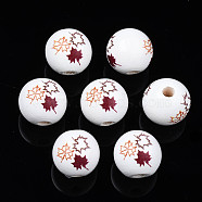 Autumn Theme Printed Natural Wood Beads, Round with Maple leaf, Dark Red, 15.5x14.5mm, Hole: 4mm(WOOD-S057-090)