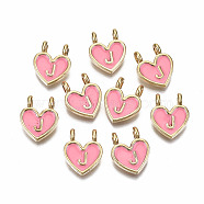 Alloy Enamel Charms, Cadmium Free & Lead Free, Heart with Initial Letters, Light Gold, Hot Pink, Letter.J, 14.5x11.5x4.5mm, Hole: 2mm(X-ENAM-T012-02J-RS)