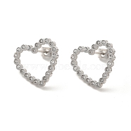 Crystal Rhinestone Hollow Out Heart Stud Earrings, 304 Stainless Steel Jewelry for Women, Stainless Steel Color, 16x18x1.5mm, Pin: 0.8mm(STAS-H175-14P)