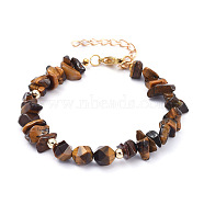 Natural Tiger Eye Beaded Bracelets, with Brass Beads and Lobster Claw Clasps, Nuggets, 7-1/8 inch(18cm)(BJEW-JB05181-02)
