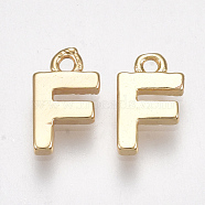 Brass Charms, Letter, Nickel Free, Real 18K Gold Plated, Letter.F, 8.5x5x1.5mm, Hole: 0.8mm(KK-S350-167F-G)
