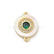 Brass Micro Pave Clear Cubic Zirconia & Shell Connector Charms, with Green Glass, Real 18K Gold Plated, Flat Round, 16.5x12x2.5mm, Hole: 1.2mm(KK-M303-03G-02)