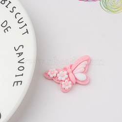 Opaque Resin Decoden Cabochons, Butterfly with Flower, Pink, 21x36mm(BUER-PW0001-141D)