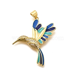 Rack Plating Brass Micro Pave Cubic Zirconia Enamel Pendants, Long-Lasting Plated, Lead Free & Cadmium Free, Hummingbird Charms, Blue, 36x31x4mm, Hole: 5x3mm(KK-L226-002G-02)