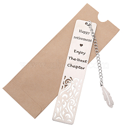 1Pc 201 Stainless Steel Bookmarks, Feather Pendant Bookmark with Chain & Number 2023 Tag, Hollow Rectangle with Word Happy Retirement Enjoiy The Next Chapter, Stainless Steel Color, 248mm(AJEW-CP0005-80)