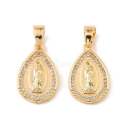 Brass & Clear Cubic Zirconia Pendants, Teardrop with Virgin Pattern Charms, Real 18K Gold Plated, 20.5x13x3.5mm, Hole: 6.5x4mm(KK-G558-10G)
