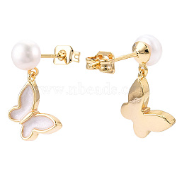 Natural Pearl Dangle Stud Earrings, Brass Enamel Butterfly Drop Earring with 925 Sterling Silver Pins, Real 18K Gold Plated, 18x11mm, Pin: 12x0.8mm(PEAR-N020-05M)