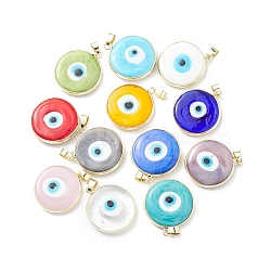 Handmade Evil Eye Lampwork Pendants, with Rack Plating Light Gold Tone Brass Findings, Long-Lasting Plated, Lead Free & Cadmium Free, Flat Round, Mixed Color, 29.5~30x25.5~26x6.5mm, Hole: 5x4.5mm(LAMP-F031-03G)