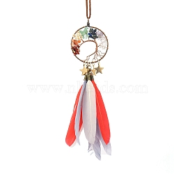 Copper Wire Wrapped Natural & Synthetic Mixed Gemstone Chip Pendant Decorations, with Brass Star Charm and Feather for Car Hanging Decorations, Flat Round with Tree of Life, 130x50mm(PW-WG63960-01)