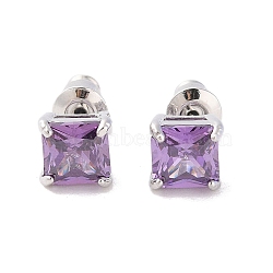 Rack Plating Brass Micro Pave Cubic Zirconia Stud Earrings, Long-lasting Plated, Square, Platinum, Lilac, 6.5x6.5mm(EJEW-I304-01P-04)