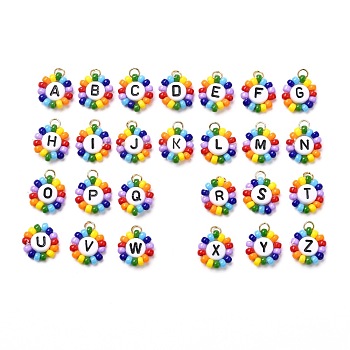 Round Rocailles Beads Pendant, Craft Acrylic Horizontal Hole Letter Beads, Flower, Colorful, 15x12.5x4mm, Hole: 2.8mm, 26pcs/set