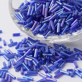 Transparent Colours Rainbow Plated Glass Bugle Beads, Round Hole, Royal Blue, 6~7x1.5~2mm, Hole: 0.5mm, about 12500pcs/bag