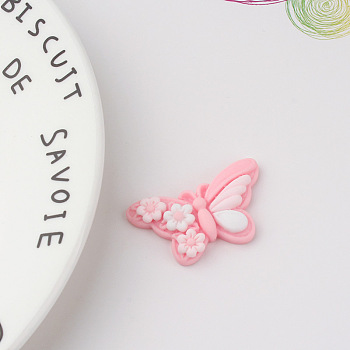 Opaque Resin Decoden Cabochons, Butterfly with Flower, Pink, 21x36mm
