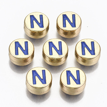 Alloy Enamel Beads, Cadmium Free & Lead Free, Flat Round with Initial Letters, Light Gold, Royal Blue, Letter.N, 8x4mm, Hole: 1.5mm