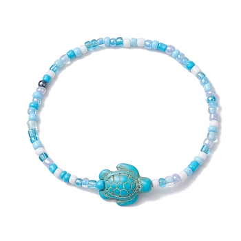 Glass with Dyed Synthetic Turquoise Beaded Stretch Bracelets, Tortoise, Turquoise, Inner Diameter: 2-3/8 inch(6cm)