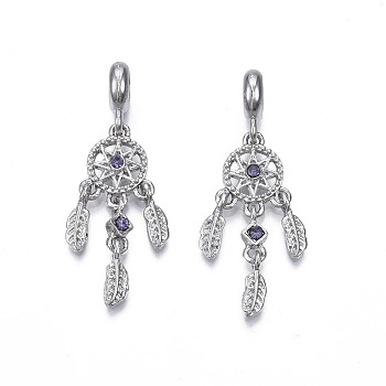 Rack Plating Alloy European Dangle Charms, with Tanzanite Rhinestone, Large Hole Beads, Cadmium Free & Lead Free, Woven Net/Web with Feather, Platinum, 43mm, Hole: 4.5mm, Feather: 11x3.5x1.5mm