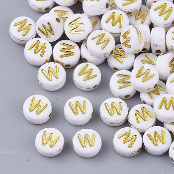 Plating Acrylic Beads, Golden Metal Enlaced, Horizontal Hole, Flat Round with Alphabet, White, Letter.W, 7x3.5mm, Hole: 1.2mm, about 360pcs/50g