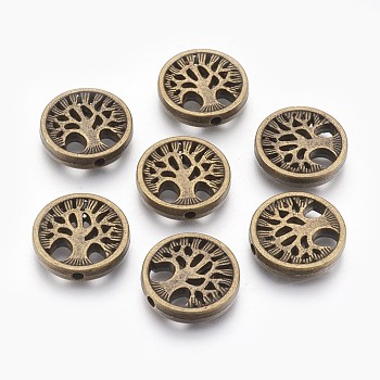 Tibetan Style Alloy Beads, Flat Round with Tree, Cadmium Free & Nickel Free & Lead Free, Antique Bronze, 18x4mm, Hole: 1.5mm, about 265pcs/1000g