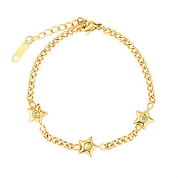 Star Micro Pave Zircon Charm Bracelet, Stainless Steel Curb Chain Bracelet for Women
